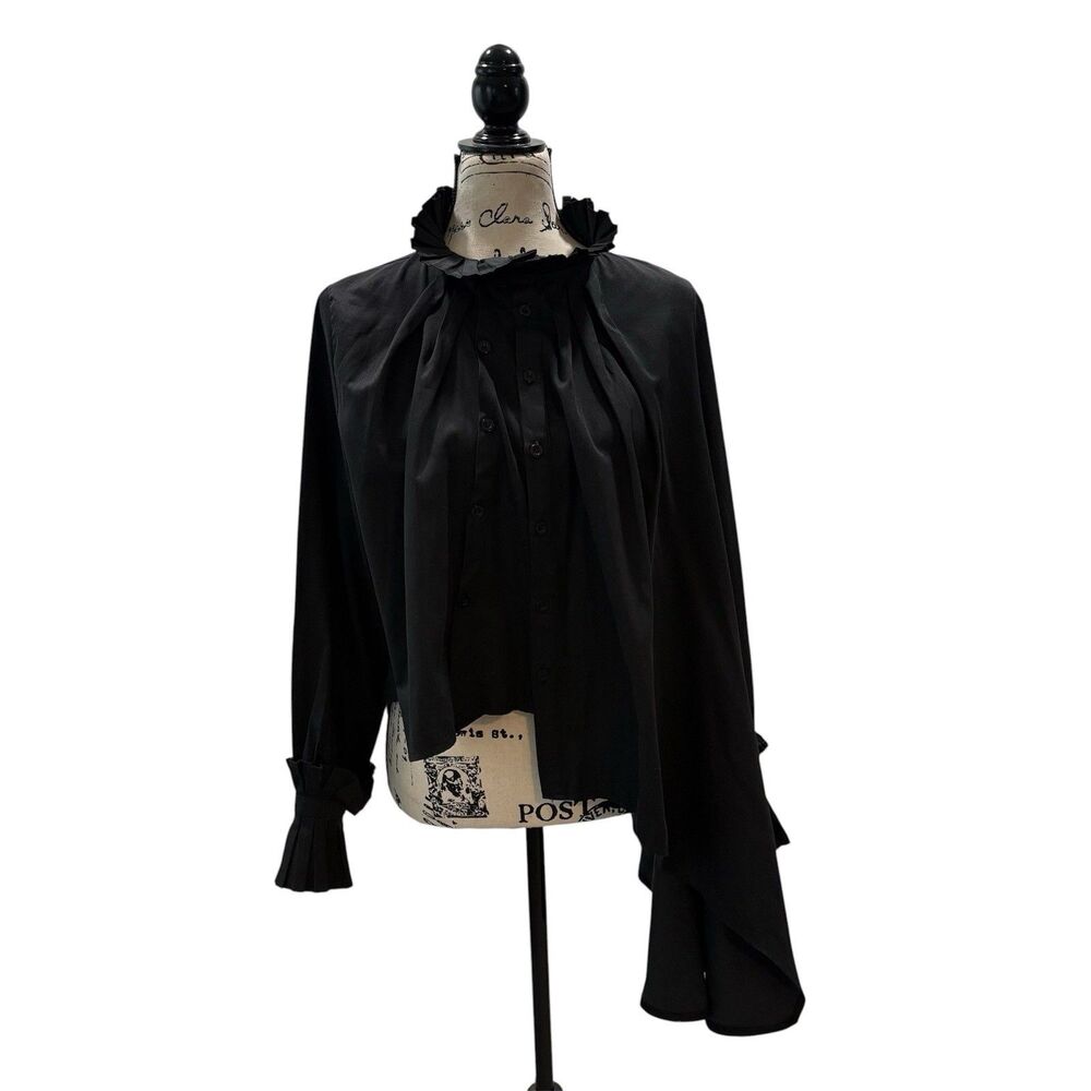 Black Asymmetrical Button Ruffle Neck Long Sleeve Top Lagenlook Estimated Size M